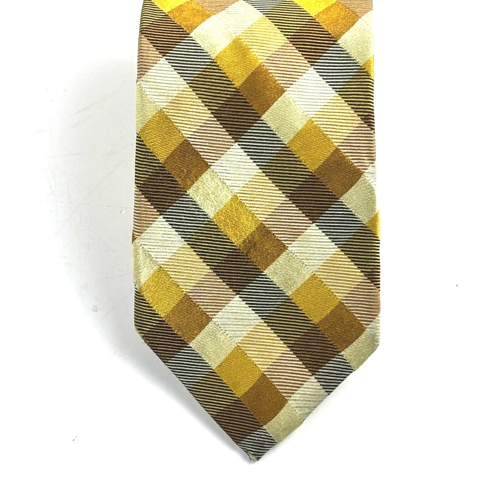 Geoffrey Beene Silk Tie Mens OS Yellow Brown Plaid Diagonal Check Preppy Retro